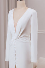 Ivory Mermaid Deep V-Neck Long Sleeves Crepe Wedding Dress with Front Slit Sexy