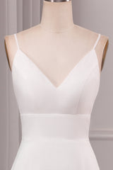 Ivory A Line Spaghetti Straps Sweep Train Bridal Dress With Slit V-neck