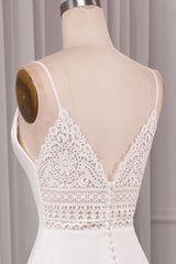 Ivory A Line Spaghetti Straps Sweep Train Bridal Dress With Slit V-neck