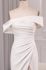 Ivory Mermaid Straight Neck Sweep Train Satin Bridal Dress with Slit Off Shoulder