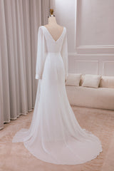Ivory A-Line V-Neck Long Sleeves Chiffon Wedding Dress With Slit Sexy