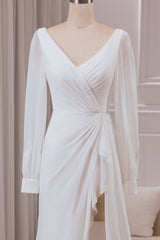 Ivory A-Line V-Neck Long Sleeves Chiffon Wedding Dress With Slit Sexy