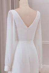 Ivory A-Line V-Neck Long Sleeves Chiffon Wedding Dress With Slit Sexy