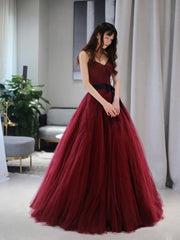 Burgundy V neck  tulle long prom dress, burgundy tulle formal evening dress