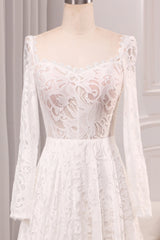 Ivory A Line Square Neck Corset Lace Chapel Train Bridal Dresses With Long Sleeves Beautiful