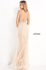 Jovani Sheer-Bodice Long Prom Dress with Feathers