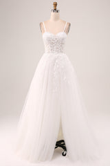 Ivory A-Line Spaghetti Straps Lace Appliques Tulle Wedding Dress with Slit Sexy