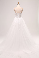 Ivory A-Line Spaghetti Straps Lace Appliques Tulle Wedding Dress with Slit Sexy