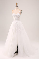 Ivory A-Line Spaghetti Straps Lace Appliques Tulle Wedding Dress with Slit Sexy