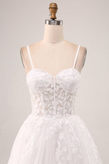 Ivory A-Line Spaghetti Straps Lace Appliques Tulle Wedding Dress with Slit Sexy