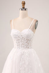 Ivory A-Line Spaghetti Straps Lace Appliques Tulle Wedding Dress with Slit Sexy