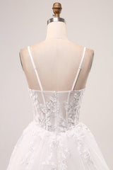 Ivory A-Line Spaghetti Straps Lace Appliques Tulle Wedding Dress with Slit Sexy