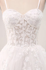 Ivory A-Line Spaghetti Straps Lace Appliques Tulle Wedding Dress with Slit Sexy