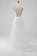 Ivory A Line Spaghetti Straps Front Slit Tulle Wedding Dress With Embroidery Sexy