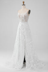 Ivory A Line Spaghetti Straps Front Slit Tulle Wedding Dress With Embroidery Sexy