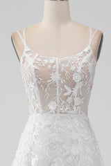 Ivory A Line Spaghetti Straps Front Slit Tulle Wedding Dress With Embroidery Sexy