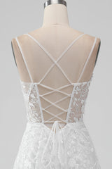 Ivory A Line Spaghetti Straps Front Slit Tulle Wedding Dress With Embroidery Sexy