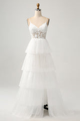 Ivory A-Line Spaghetti Straps Tulle Corset Tiered Wedding Dress With Appliques Sexy