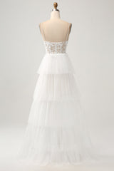 Ivory A-Line Spaghetti Straps Tulle Corset Tiered Wedding Dress With Appliques Sexy
