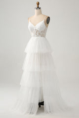Ivory A-Line Spaghetti Straps Tulle Corset Tiered Wedding Dress With Appliques Sexy