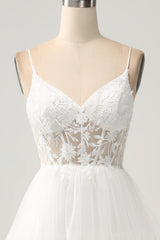 Ivory A-Line Spaghetti Straps Tulle Corset Tiered Wedding Dress With Appliques Sexy