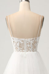 Ivory A-Line Spaghetti Straps Tulle Corset Tiered Wedding Dress With Appliques Sexy
