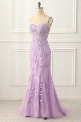 Lavender Strapless Mermaid Prom Dress With Appliques Off Shoulder Long
