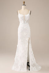 Ivory Mermaid Spaghetti Straps Long Corset Wedding Dress with Appliques Sexy