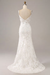 Ivory Mermaid Spaghetti Straps Long Corset Wedding Dress with Appliques Sexy