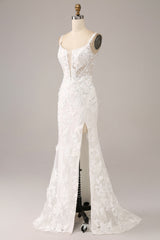 Ivory Mermaid Spaghetti Straps Long Corset Wedding Dress with Appliques Sexy