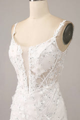 Ivory Mermaid Spaghetti Straps Long Corset Wedding Dress with Appliques Sexy