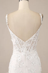 Ivory Mermaid Spaghetti Straps Long Corset Wedding Dress with Appliques Sexy