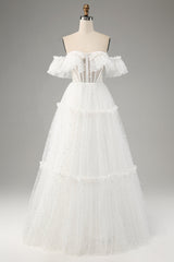 Princess A-Line Off The Shoulder Tiered Long Ivory Wedding Dress Sexy