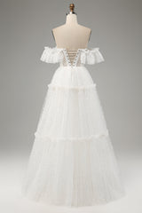 Princess A-Line Off The Shoulder Tiered Long Ivory Wedding Dress Sexy