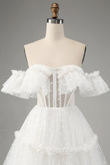 Princess A-Line Off The Shoulder Tiered Long Ivory Wedding Dress Sexy