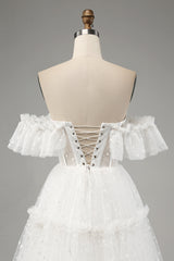 Princess A-Line Off The Shoulder Tiered Long Ivory Wedding Dress Sexy