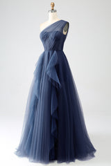 A-Line One-Shoulder Long Tulle Prom Dress Floor Length Beautiful