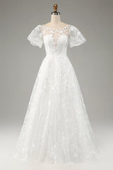 Ivory Ball-Gown/Princess Embroidered Long Wedding Dress with Short Sleeves Beautiful