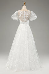 Ivory Ball-Gown/Princess Embroidered Long Wedding Dress with Short Sleeves Beautiful