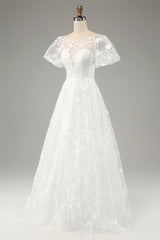 Ivory Ball-Gown/Princess Embroidered Long Wedding Dress with Short Sleeves Beautiful