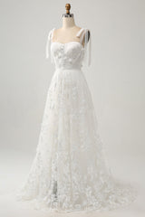 Ivory A-Line Spaghetti Straps Tulle Corset Tiered Long Wedding Dress With Appliques Beautiful