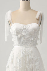 Ivory A-Line Spaghetti Straps Tulle Corset Tiered Long Wedding Dress With Appliques Beautiful