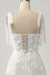 Ivory A-Line Spaghetti Straps Tulle Corset Tiered Long Wedding Dress With Appliques Beautiful