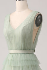 A-Line V Neck Tiered Floor Length Tulle Maxi Dress With Slit Prom Dresses