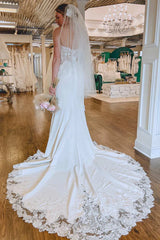 White Lace Strapless Mermaid Long Chapel Train Wedding Dress
