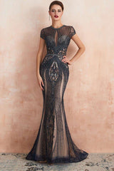Gorgeous Grey Cap Sleeve Beaded Mermaid Dress