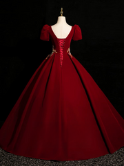 A-Line Short Sleeve Satin Lace Applique Burgundy Long Prom Dress
