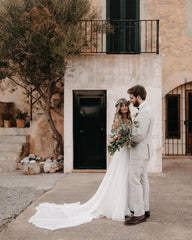 A-Line V-Neck Chiffon Long Wedding Dresses with Appliques