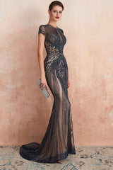 Gorgeous Grey Cap Sleeve Beaded Mermaid Dress