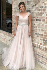 Long Cap Sleeves A-line V-Neck Baby Pink Wedding Dress